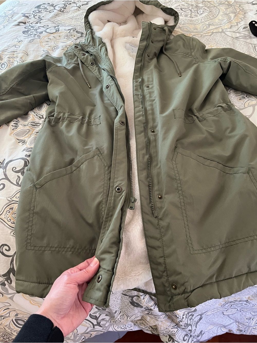 Old Navy Olive Green Hooded Parka w/ Faux Fur Lining - Size XS